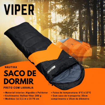 SACO DE DORMIR CAMPING VIPER 5º A 12º PRETO E LARANJA C/ SACO