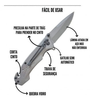 CANIVETE TÁTICO MILITAR TAUE SEMI AUTOMATICO PONTA QUEBRA VIDROS