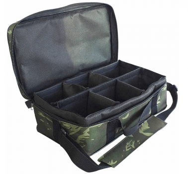 BOLSA PESCA PORTA CARRETILHAS OU MOLINETE EBF - 6 ESPAÇOS AJUSTAVEIS - CAMUFLADA