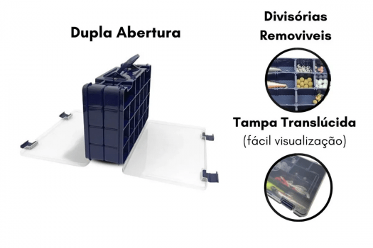 ESTOJO MALETA PARA PESCA DUPLO GRANDE ISCAS E APETRECHOS AZUL C/ 44 DIVISOES