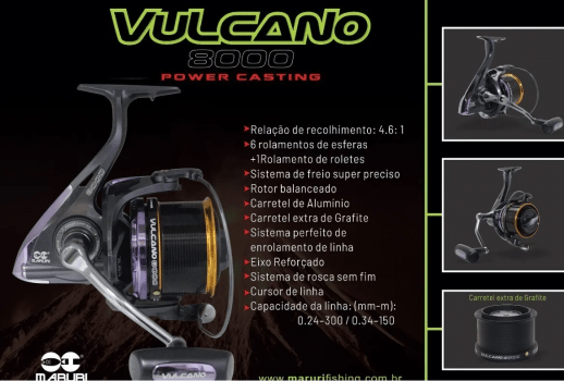 Molinete De Pesca Maruri Vulcano 8000 Long Cast - Drag: 9kg - Carretel Extra - Aluminio - Grande