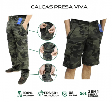 CALCA DE PESCA VIRA BERMUDA PRESA VIVA - 08 BOLSOS C/ ZIPER E PROTECAO SOLAR - CAMUFLADO