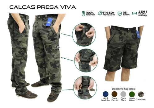 CALCA DE PESCA VIRA BERMUDA PRESA VIVA - 08 BOLSOS C/ ZIPER E PROTECAO SOLAR - VERDE