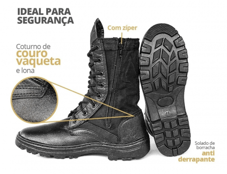 BOTA COTURNO TATICO MILITAR COURO SEGURANCA ZIPER LATERAL ORIGINAL